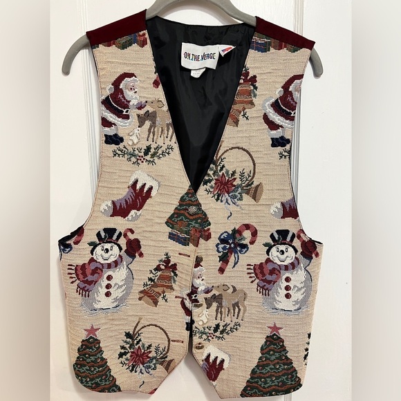 On The Verge Jackets & Blazers - ON THE VERGE Tapestry Christmas Vest Vintage Made in USA Santa Snowman Ugly